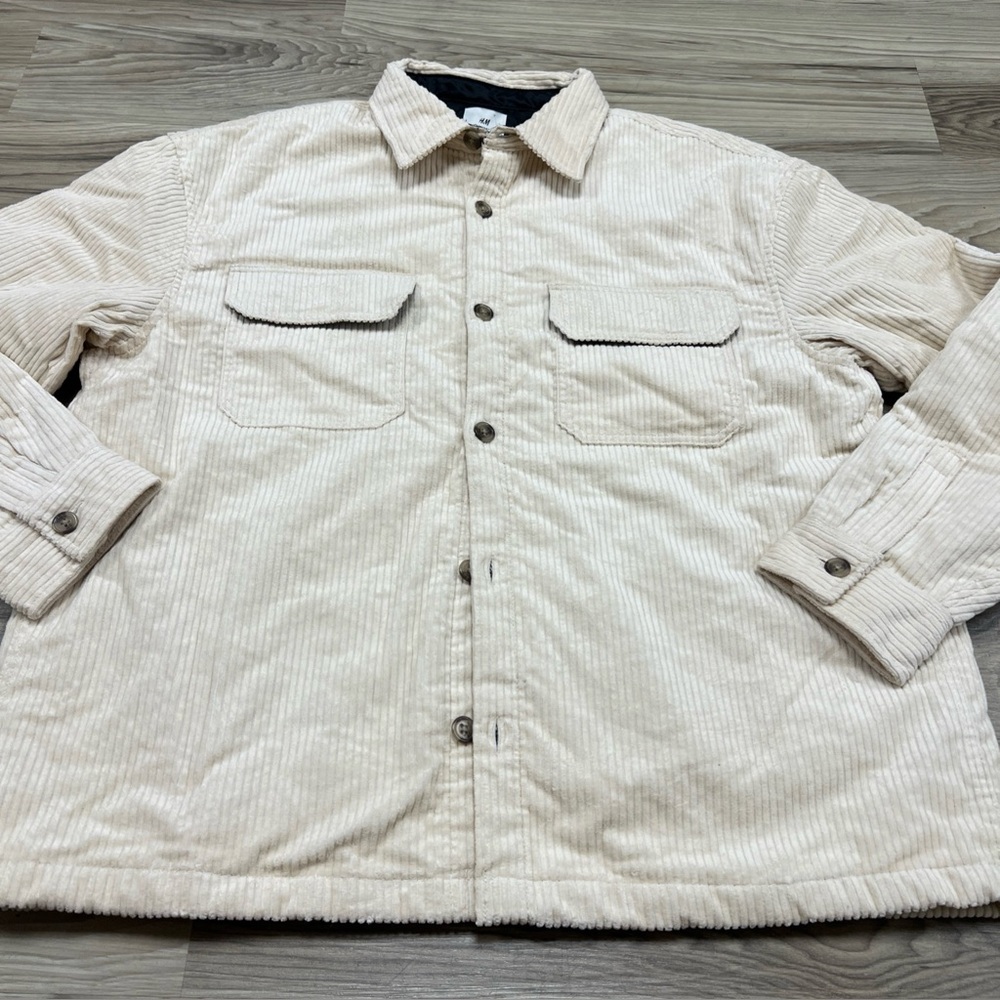 H&M Loose Fit Quilted Lined Cream Corduroy Button Up Jacket Men’s Size XL NWOT